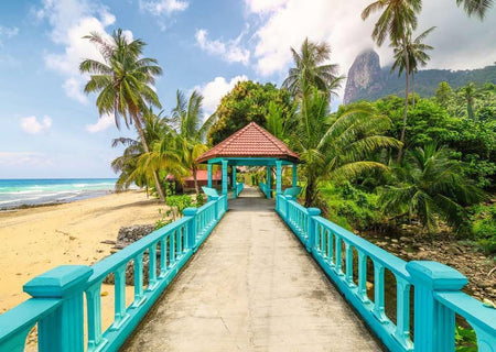 ravensburger colorful bridge in malaysia jigsaw puzzle of Beachside pathway with turquoise railings leading to a wooden hut, surrounded by palm trees and ocean.