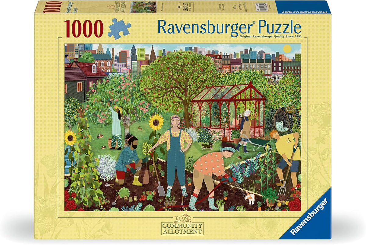 Ravensburger jigsaw puzzle box with a community allotment design on a white background