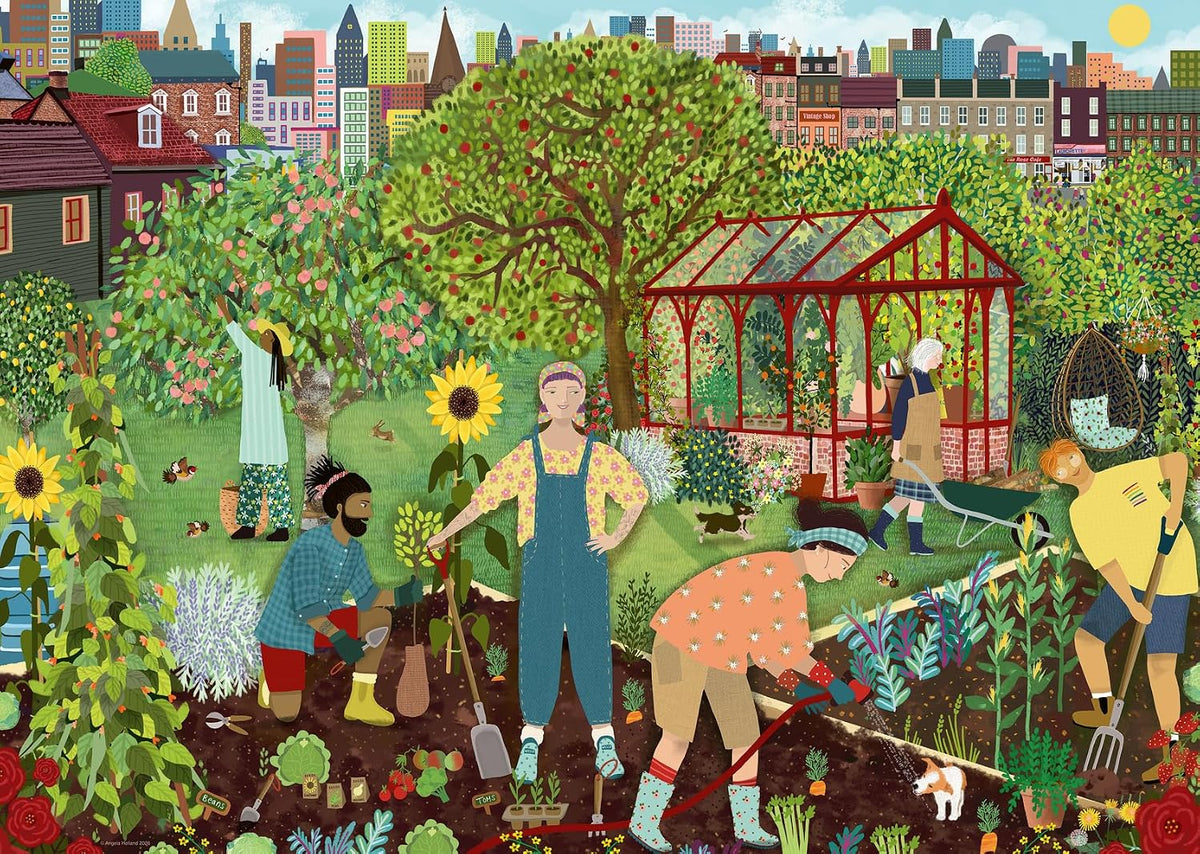 ravensburger community allotment jigsaw puzzle featuring Illustration of a community garden with people gardening in an urban setting.