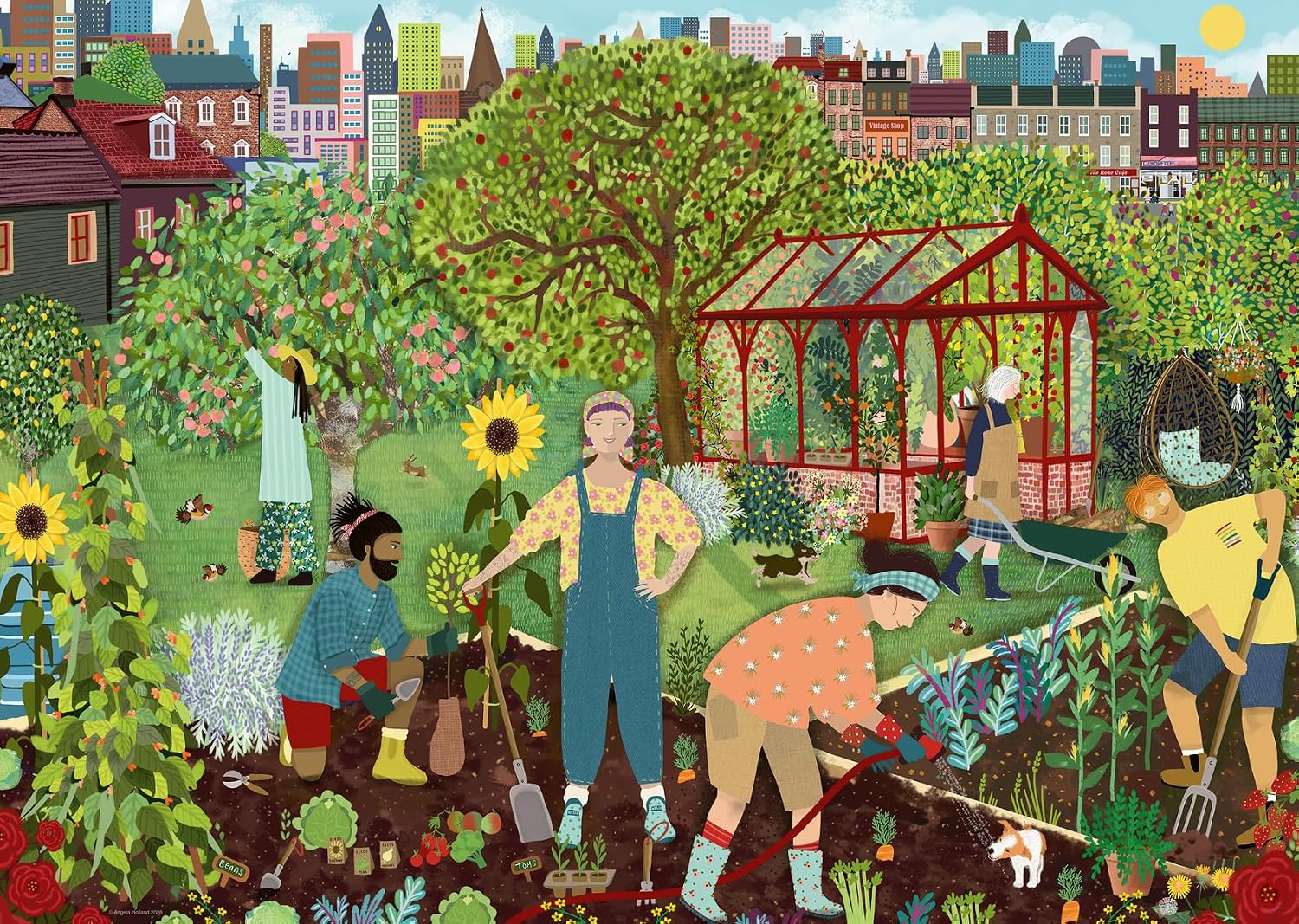 ravensburger community allotment jigsaw puzzle featuring Illustration of a community garden with people gardening in an urban setting.