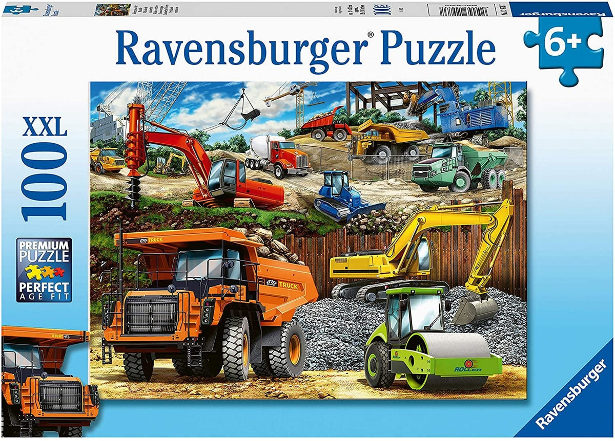 Ravensburger puzzle packaging with construction vehicles on a blue background