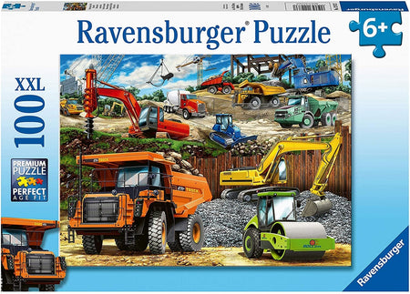 Ravensburger puzzle packaging with construction vehicles on a blue background