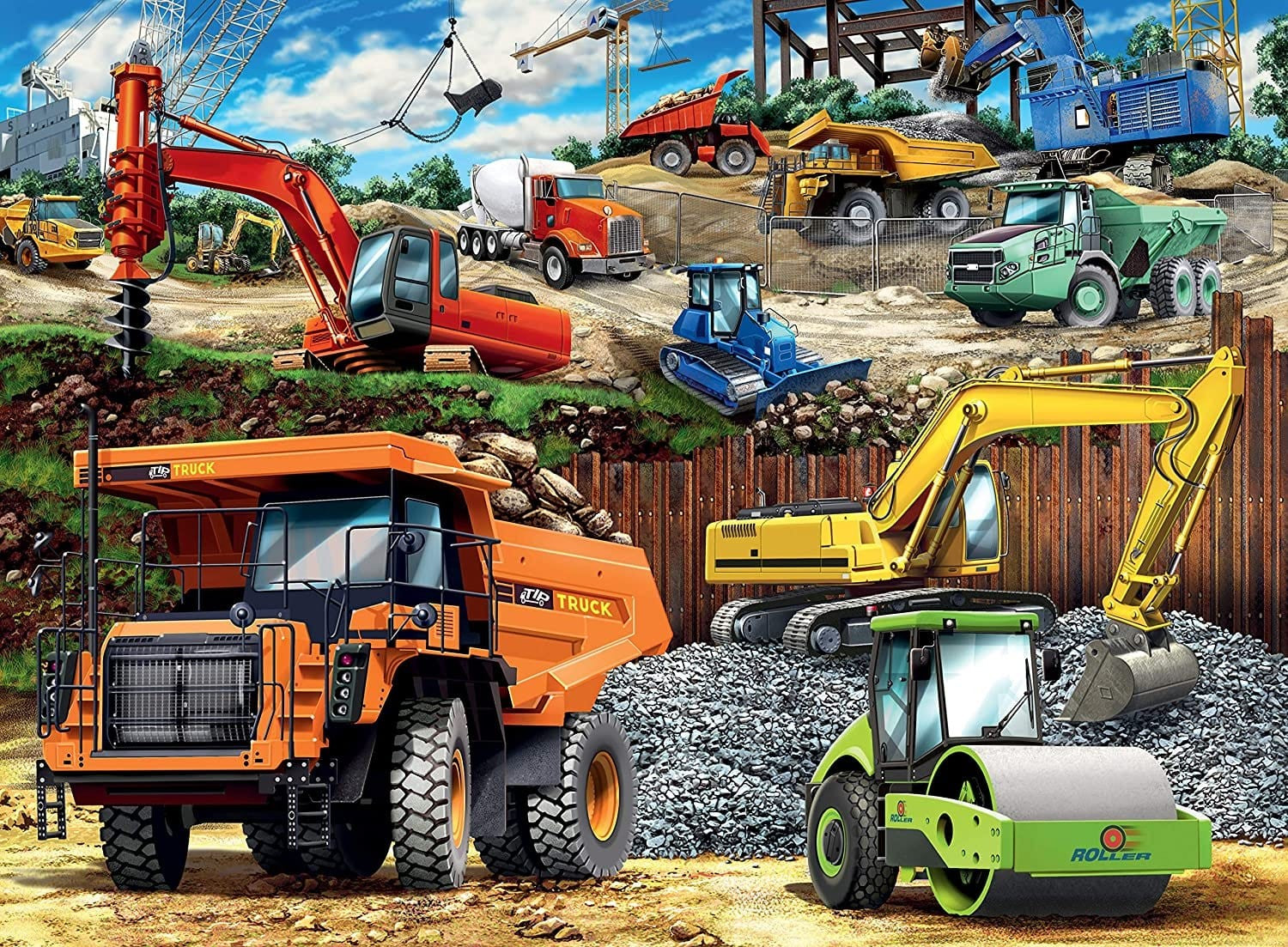 ravensburger construction vehicles jigsaw puzzle Collage of various construction vehicles on a construction site