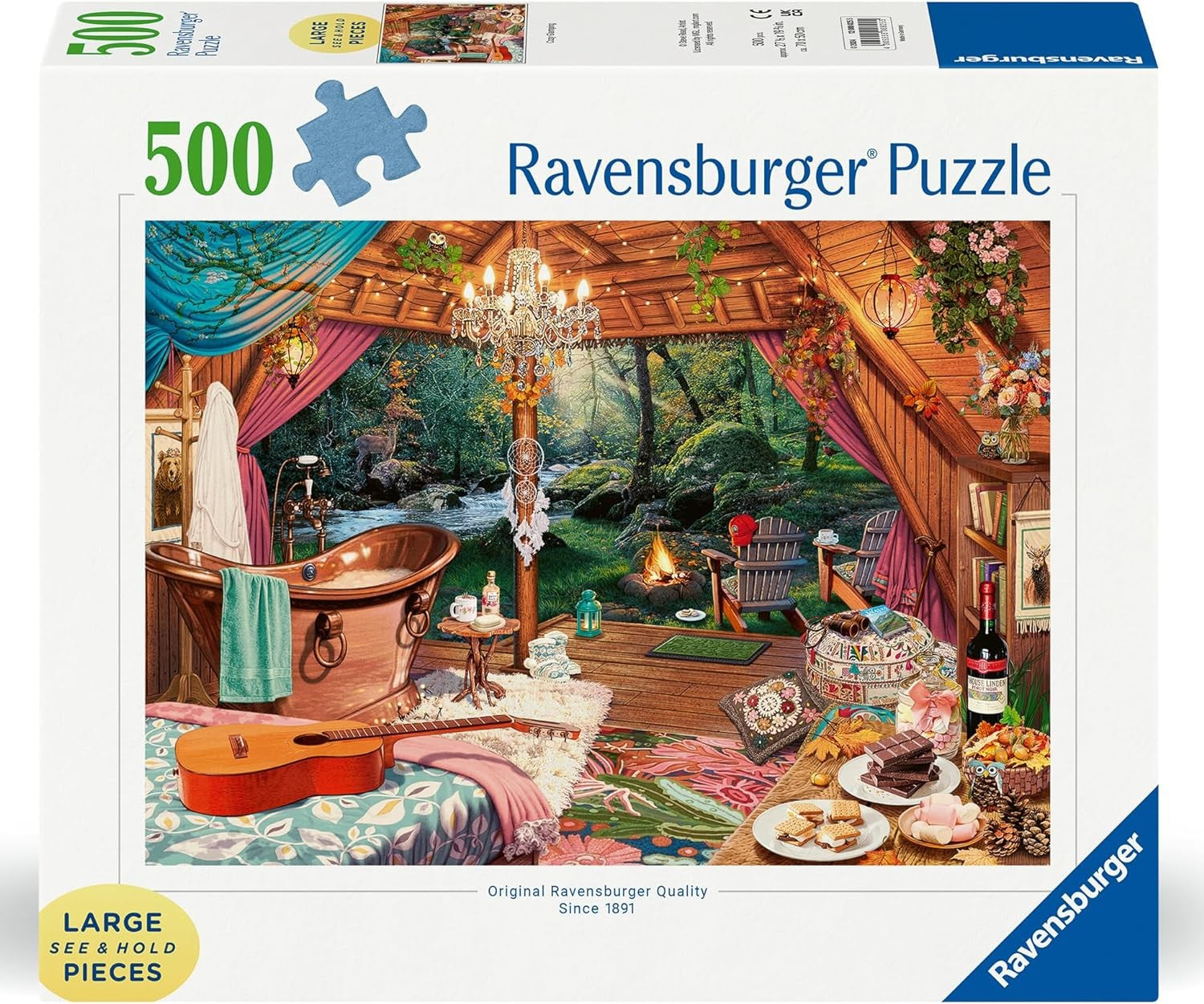 Ravensburger 500-piece puzzle box with a scenic cabin illustration on a white background