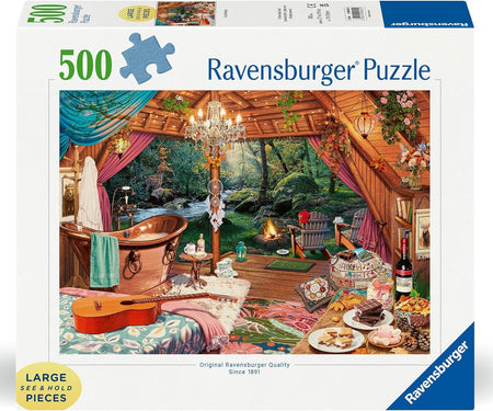 Ravensburger 500-piece puzzle box with a scenic cabin illustration on a white background