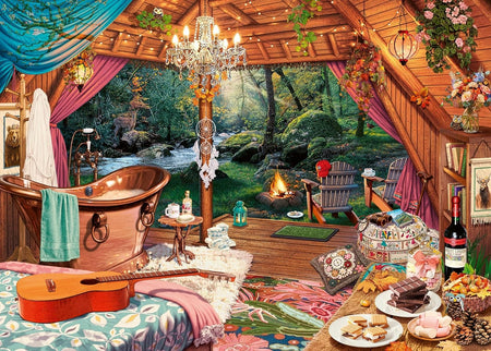 ravensburger cozy glamping jigsaw puzzle of Cozy cabin interior with a fireplace, bathtub, and outdoor view.