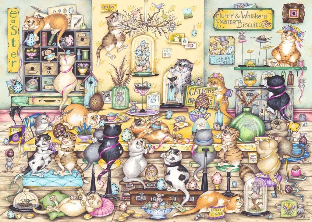 ravensburger crazy cats...easter eggstravaganza jigsaw puzzle Illustration of a cat-themed store with various cat-themed products and decorations.