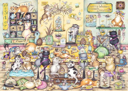 ravensburger crazy cats...easter eggstravaganza jigsaw puzzle Illustration of a cat-themed store with various cat-themed products and decorations.