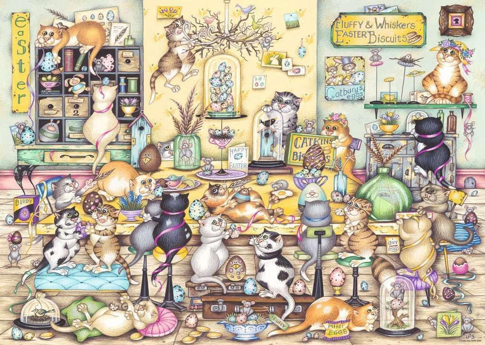 ravensburger crazy cats...easter eggstravaganza jigsaw puzzle Illustration of a cat-themed store with various cat-themed products and decorations.