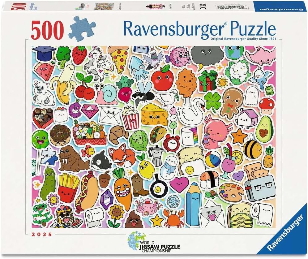 Ravensburger 500-piece cute kawaii chaos jigsaw puzzle box with colorful illustrations on a white background