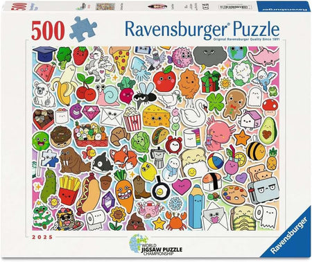 Ravensburger 500-piece cute kawaii chaos jigsaw puzzle box with colorful illustrations on a white background