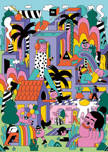 ravensburger daydream jigsaw puzzle of a vibrant, colorful pop-art style illustration featuring whimsical characters, stylized palm trees, geometric buildings, and playful scenes in a multicolor palette.