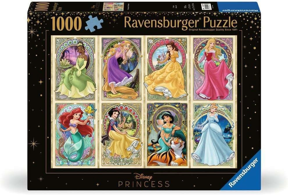 Ravensburger Disney Princess puzzle box with character illustrations on a black background