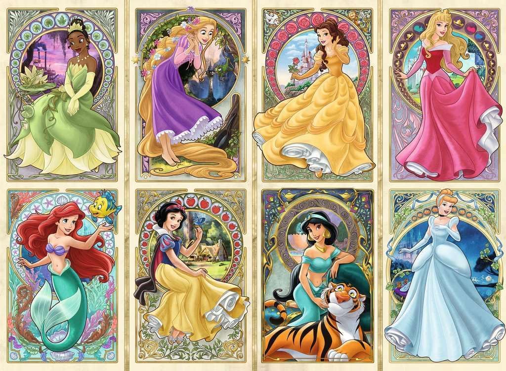 ravensburger disney art nouveau jigsaw puzzle featuring Illustrations of Disney princesses in colorful frames
