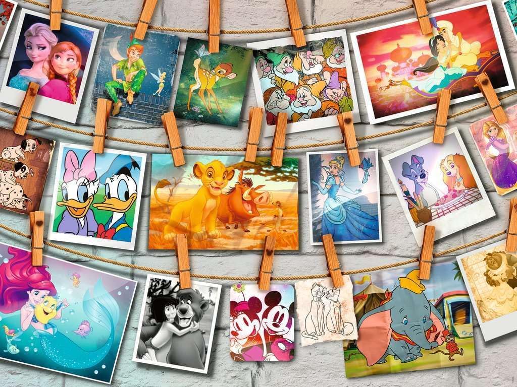 ravensburger disney photographs jigsaw puzzle featuring Collection of Disney character images on a string with wooden clips.