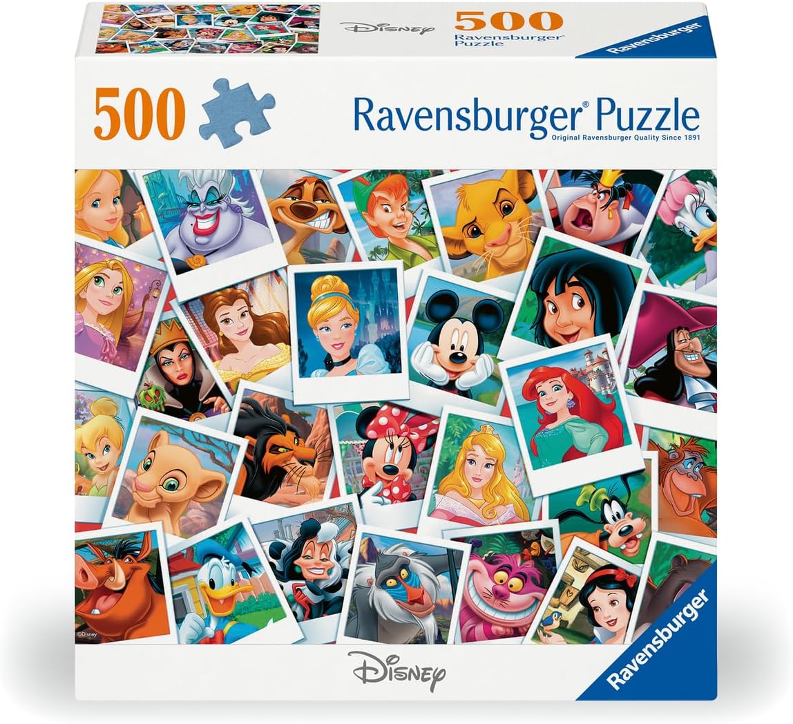 ravensburger disney portraits 500-piece jigsaw puzzle box featuring collage of assorted disney characters