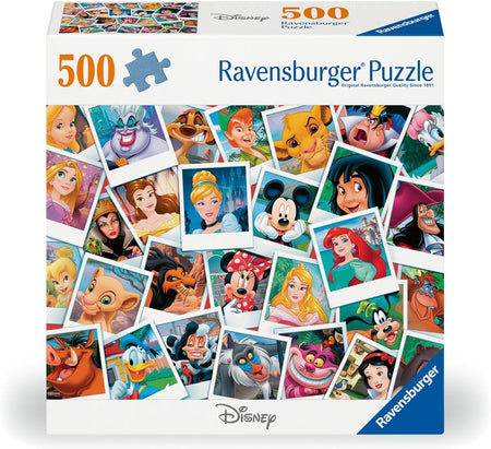 ravensburger disney portraits 500-piece jigsaw puzzle box featuring collage of assorted disney characters