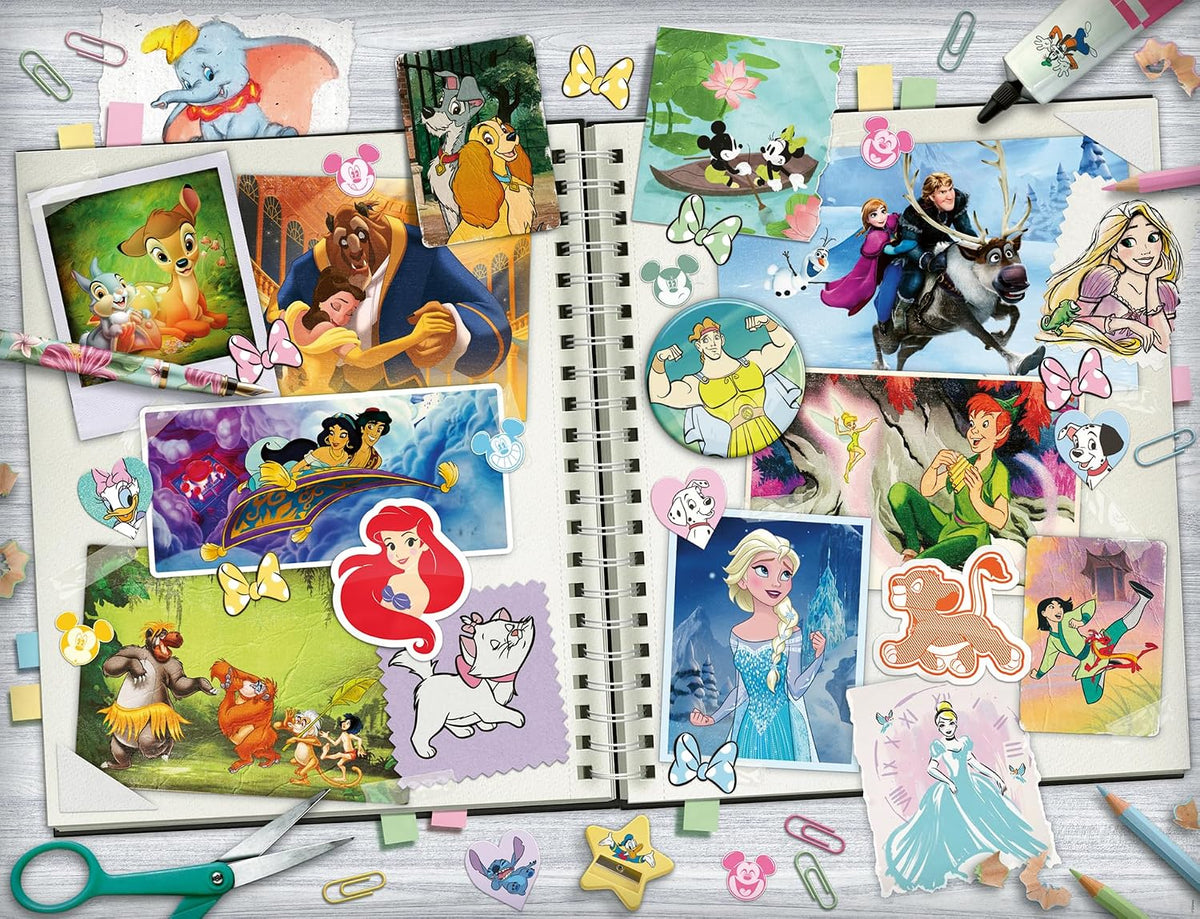 ravensburger disney scrapbook collage jigsaw puzzle of animated characters on a wooden surface with stationery items.