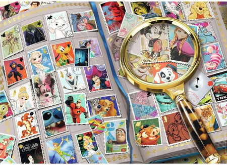 ravensburger disney stamp album jigsaw puzzle feauturing Collection of colorful cartoon character stamps with a magnifying glass on top