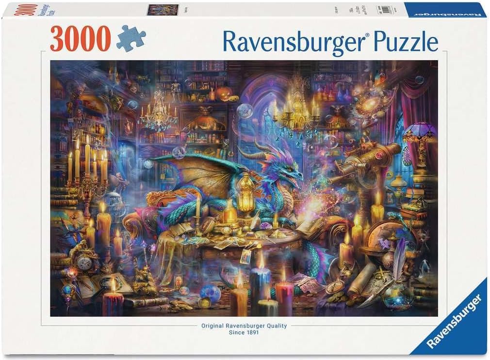 Ravensburger dragon's library jigsaw puzzle box with a dragon and castle design 