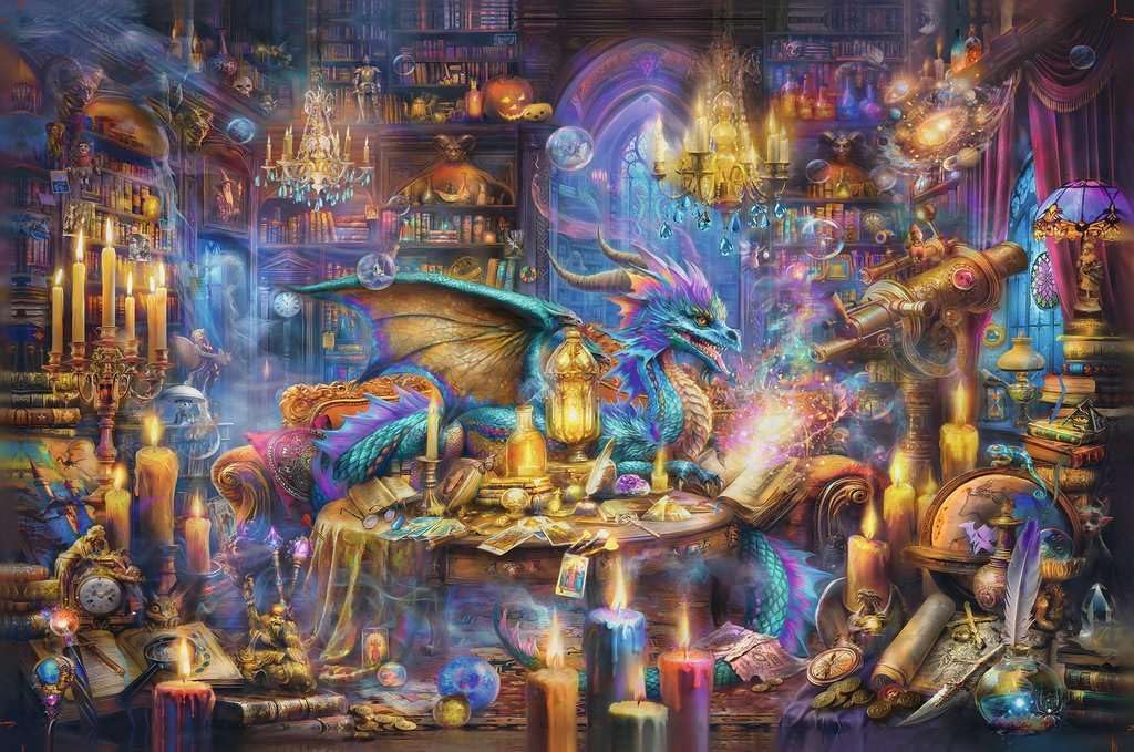 ravensburger dragon's library jigsaw puzzle featuring Colorful dragon in a fantasy setting with candles, books, and mystical objects.