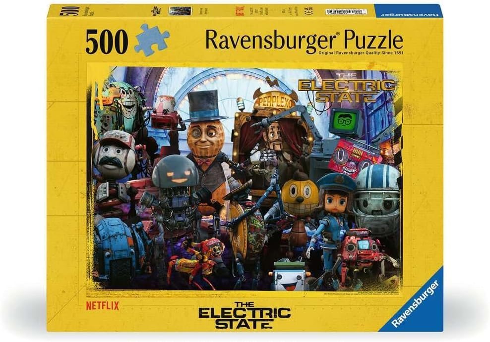 Ravensburger puzzle box featuring characters from 'The Electric State' with a yellow background