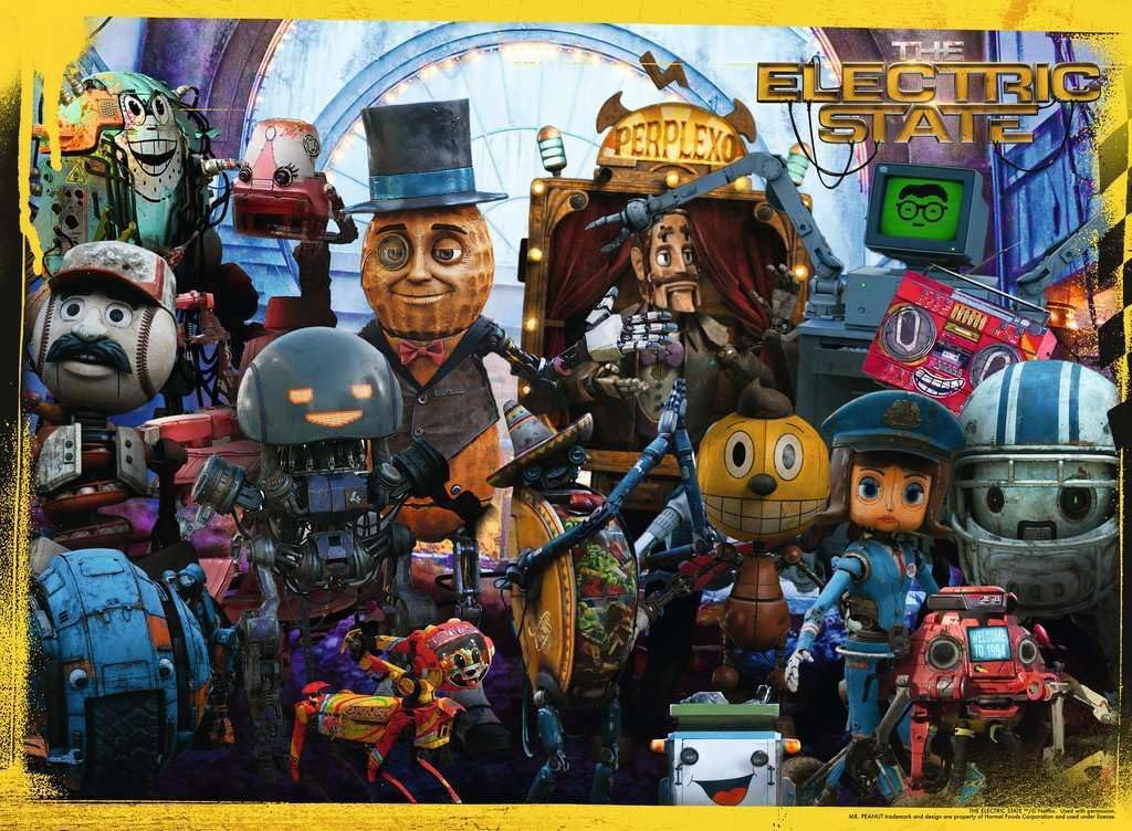 ravensburger drones never bots forever jigsaw puzzle featuring Collage of characters with a retro-futuristic theme, with'The Electric State' branding.