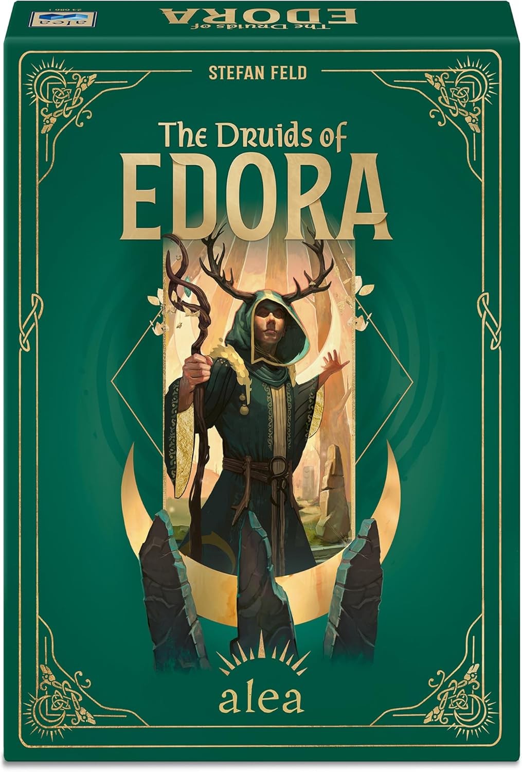 ravensburger Board game box for 'The Druids of Edora' with a character illustration on a green background