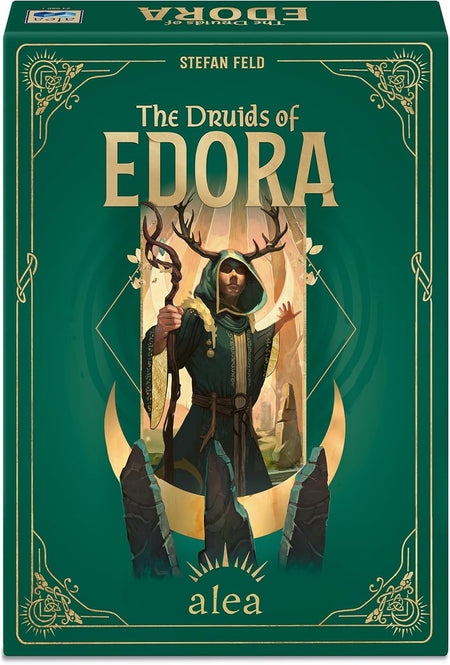 ravensburger Board game box for 'The Druids of Edora' with a character illustration on a green background