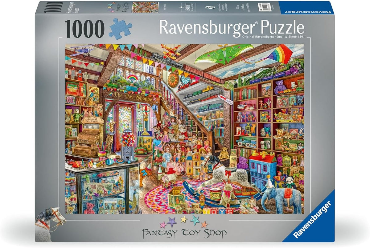 Ravensburger jigsaw puzzle box featuring a colorful toy store scene with various toys and books.