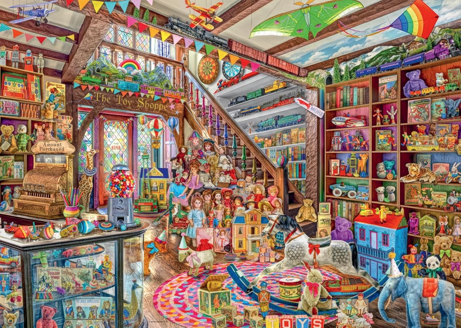 Colorful ravensburger fantasy toy shop jigsaw puzzle toy store interior with shelves and toys
