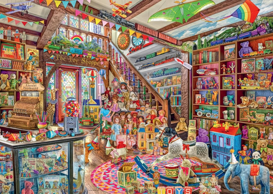 Colorful ravensburger fantasy toy shop jigsaw puzzle toy store interior with shelves and toys