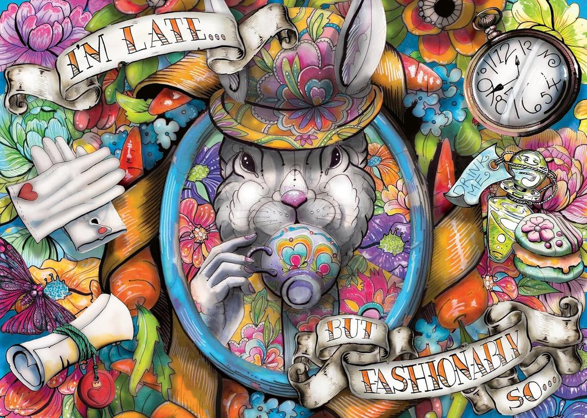 Colorful ravensburger fashionably late jigsaw puzzle featuring illustration of the white rabbit from alice in wonderland in a hat with and various objects around it.