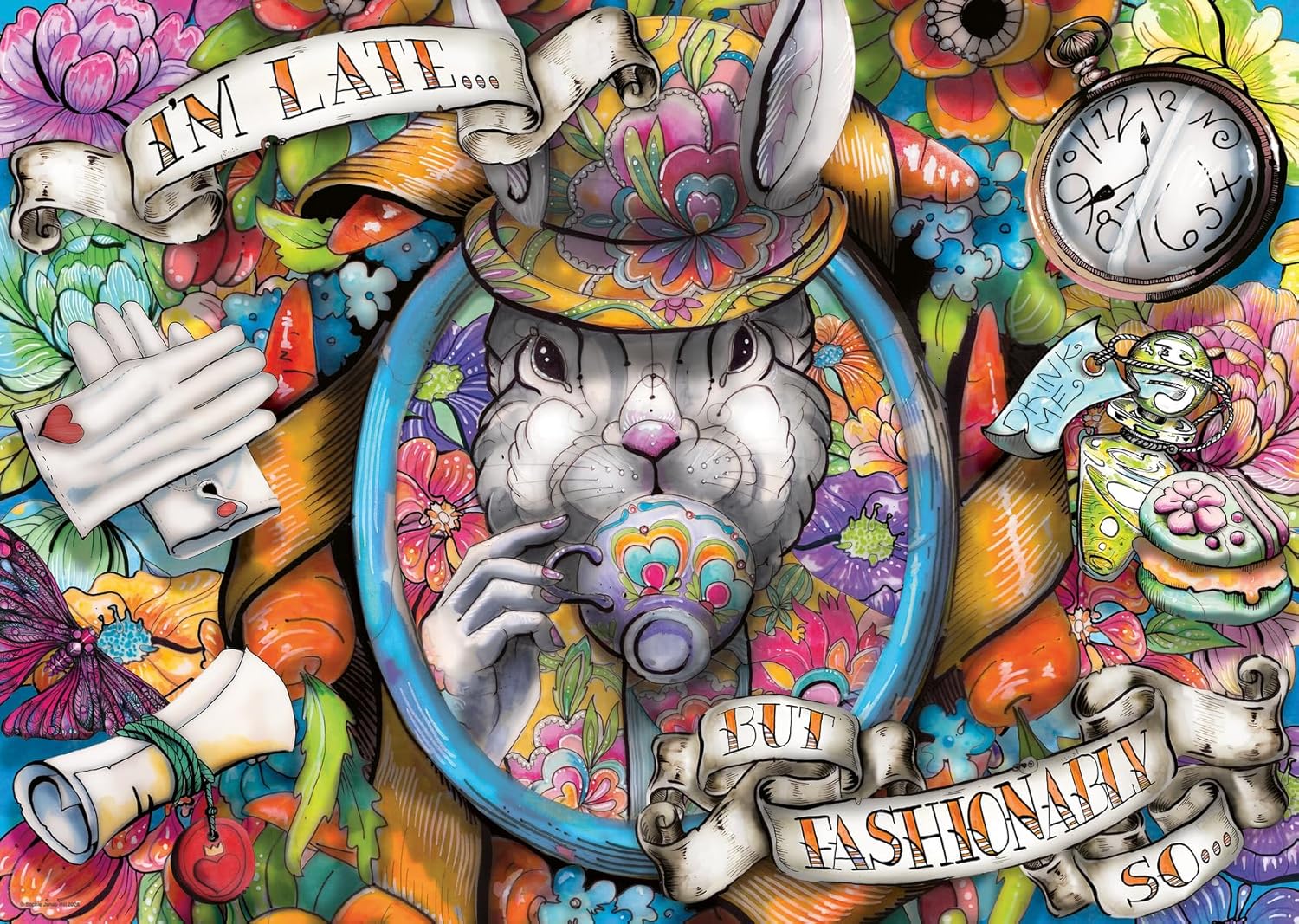 Colorful ravensburger fashionably late jigsaw puzzle featuring illustration of the white rabbit from alice in wonderland in a hat with and various objects around it.
