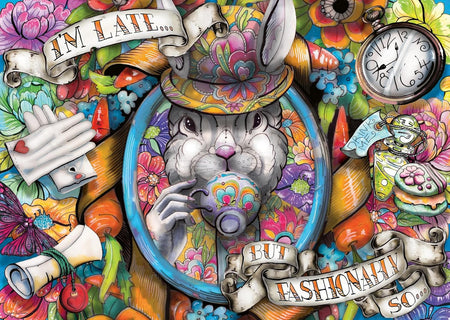 Colorful ravensburger fashionably late jigsaw puzzle featuring illustration of the white rabbit from alice in wonderland in a hat with and various objects around it.