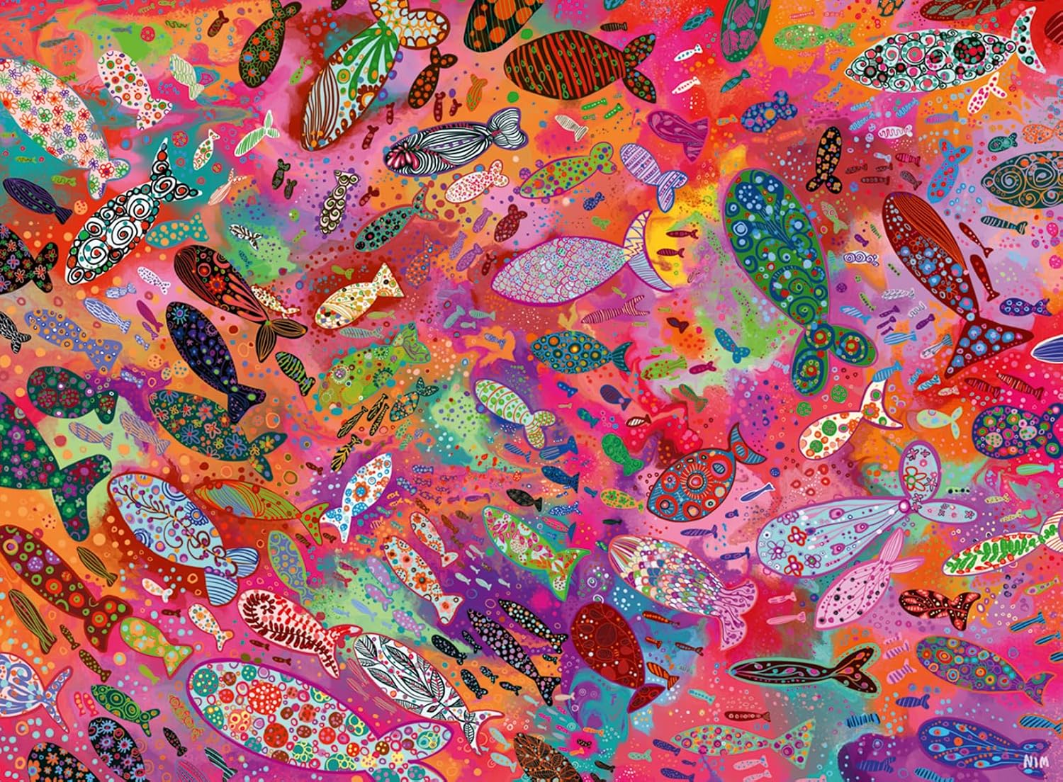 ravensburger fish in fuchsia jigsaw puzzle featuring an art rendering of colorful fish