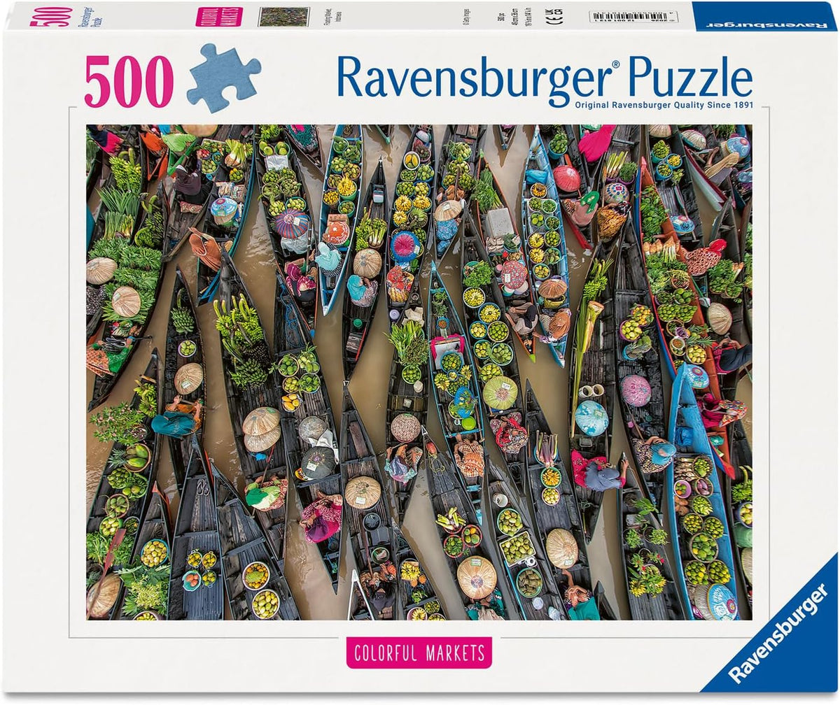 Ravensburger puzzle box with colorful market scene and '500 piece' label