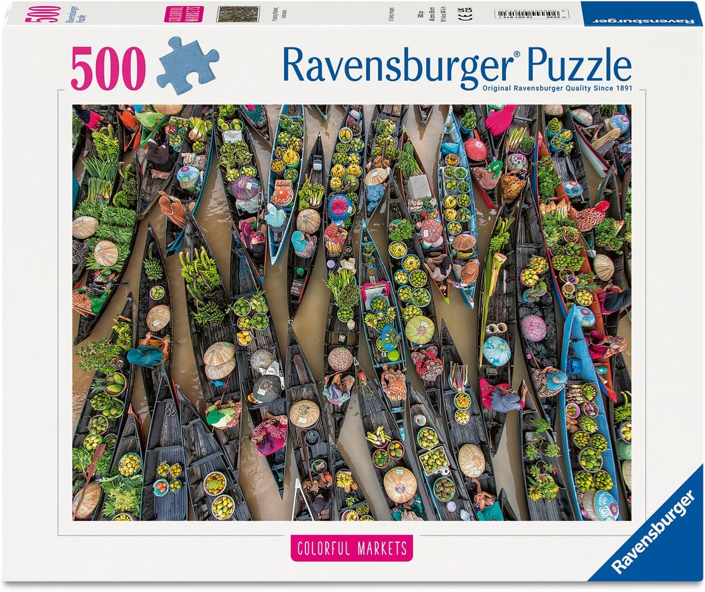 Ravensburger puzzle box with colorful market scene and '500 piece' label