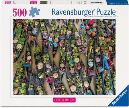 Ravensburger puzzle box with colorful market scene and '500 piece' label