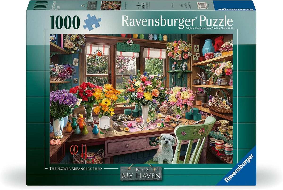 Ravensburger puzzle box featuring a flower shop scene with flowers and a dog and catsts