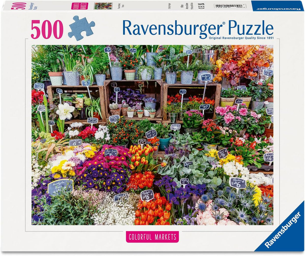 Ravensburger puzzle packaging with a colorful market scene of flowers and plants.
