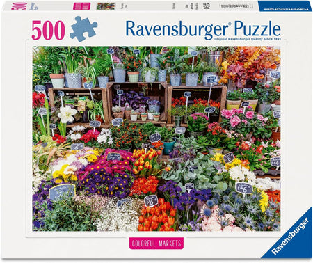 Ravensburger puzzle packaging with a colorful market scene of flowers and plants.