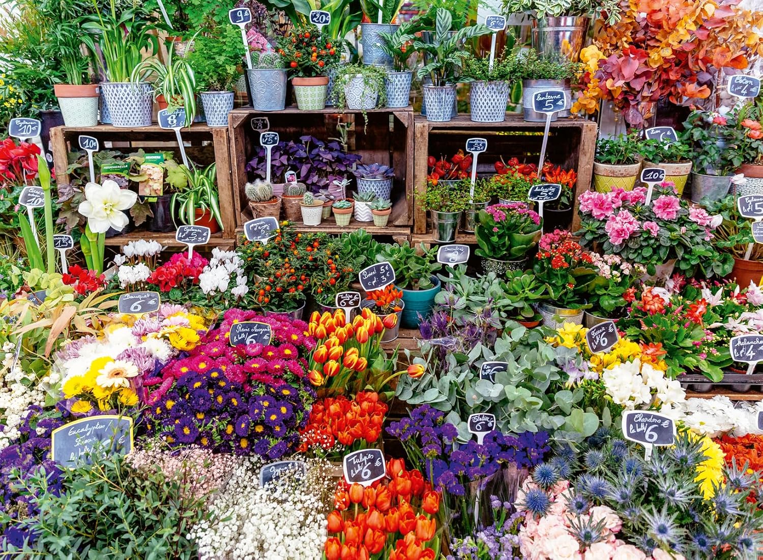 ravensburger flower market, france jigsaw puzzle of Colorful flower market with various flowers and plants on display.