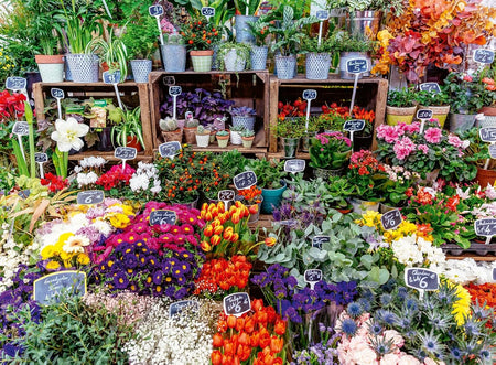 ravensburger flower market, france jigsaw puzzle of Colorful flower market with various flowers and plants on display.
