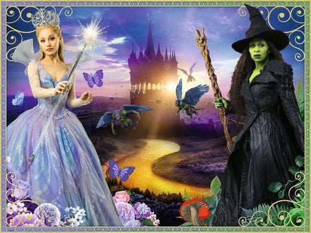 ravensburger friends til the end jigsaw puzzle of the witches Glinda and Elphaba from "Wicked" with a castle and yellow brick road in background