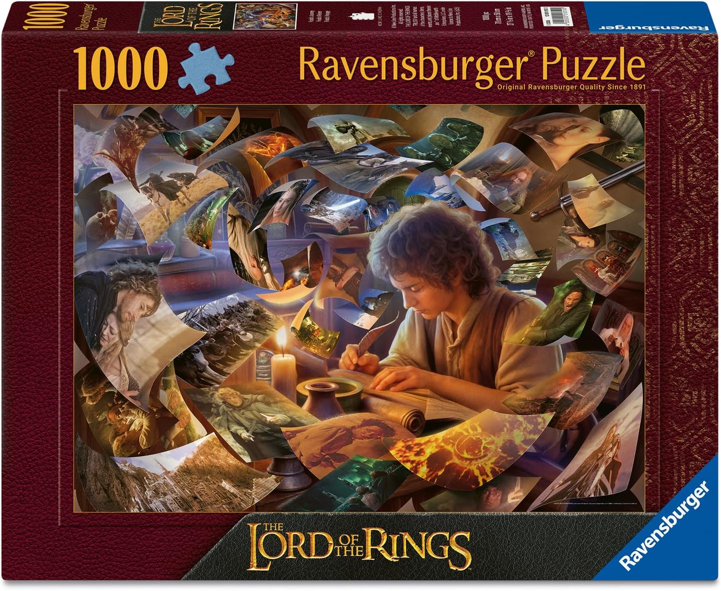 Ravensburger Lord of the Rings puzzle box with frodo at a desk.