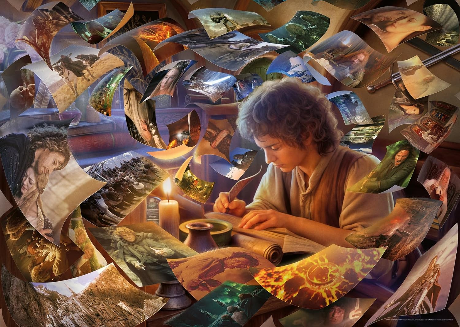 ravensburger frodo's journey jigsaw puzzle featuring Collage of him writing at a desk with various scenes and objects around