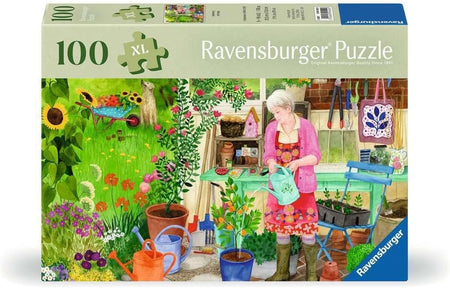 Ravensburger puzzle box featuring a woman in a garden with various plants and tools.