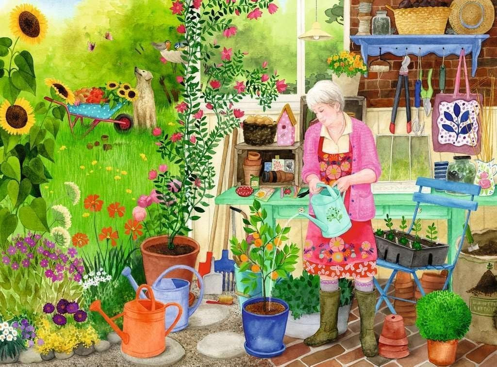 ravensburger gardening jigsaw puzzle of Woman tending to a garden with various flora, fauna and tools