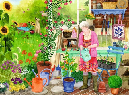 ravensburger gardening jigsaw puzzle of Woman tending to a garden with various flora, fauna and tools